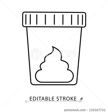 A stool test container icon in minimalist style with editable stroke. Medical sample jar, lab specimen, fecal analysis, diagnostic tool, health check, clinical testing, outline vector illustration. 128167732