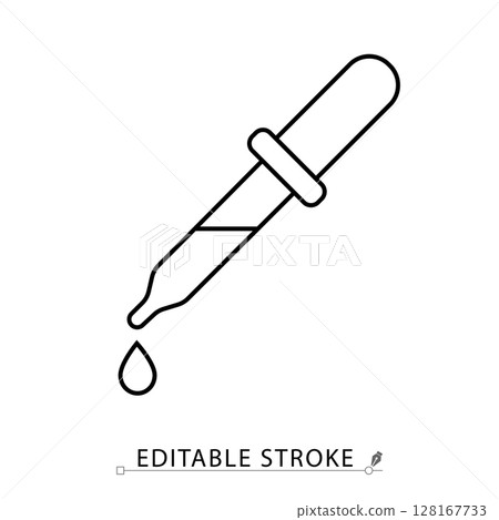 A dropper icon in minimalist style with editable stroke. Medical pipette, liquid dispenser, lab tool, precision instrument, chemistry testing, healthcare equipment, vector illustration. 128167733
