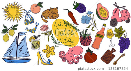 A whimsical set of hand-drawn sketches with splashes of color, Dolce Vita is inspired by the Mediterranean lifestyle. Includes food, drinks, flowers, summer decor and travel items. 128167834