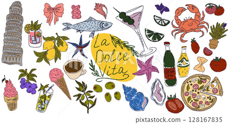 A whimsical set of hand-drawn sketches with splashes of color, Dolce Vita is inspired by the Mediterranean lifestyle. Includes food, drinks, flowers, summer decor and travel items. 128167835