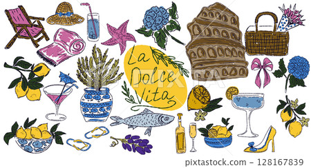 A whimsical set of hand-drawn sketches with splashes of color, Dolce Vita is inspired by the Mediterranean lifestyle. Includes food, drinks, flowers, summer decor and travel items. 128167839