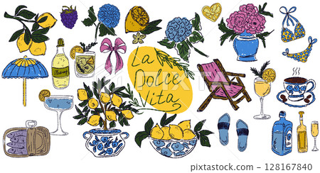 A whimsical set of hand-drawn sketches with splashes of color, Dolce Vita is inspired by the Mediterranean lifestyle. Includes food, drinks, flowers, summer decor and travel items. 128167840