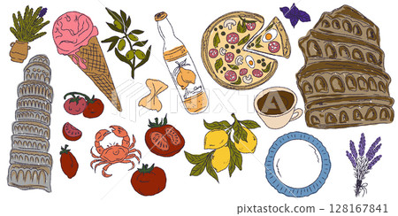 A whimsical set of hand-drawn sketches with splashes of color, Dolce Vita is inspired by the Mediterranean lifestyle. Includes food, drinks, flowers, summer decor and travel items. 128167841