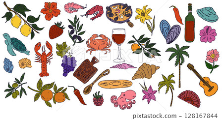 A whimsical set of hand-drawn sketches with splashes of color, Dolce Vita is inspired by the Mediterranean lifestyle. Includes food, drinks, flowers, summer decor and travel items. 128167844