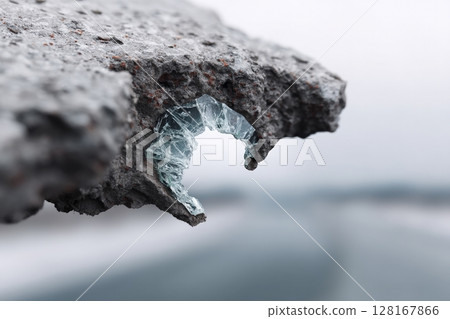 Broken glass embedded in concrete near a deserted roadside on an overcast day 128167866
