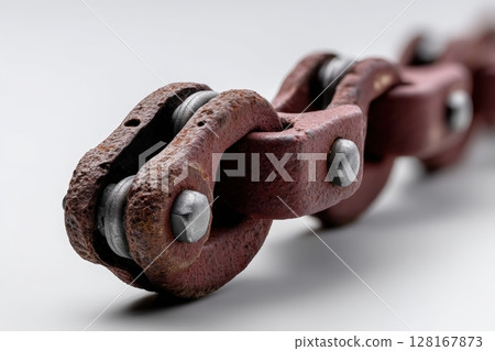 Rusty metal chain links showing detail of connection and wear in industrial setting 128167873