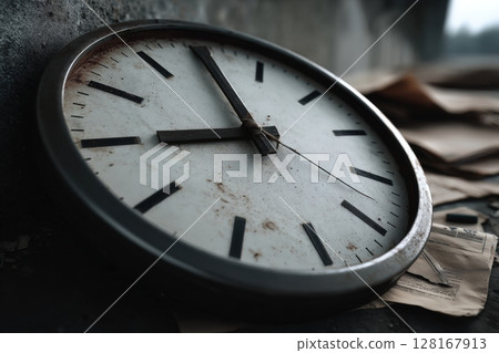 Old clock laying on debris in abandoned building with weathered design and broken timepieces 128167913