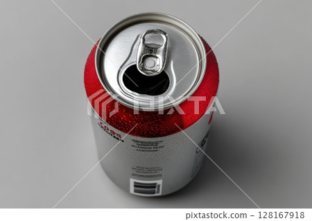 Soda can with condensation captured from a top view in a neutral setting 128167918