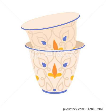 Ceramic Turkish cup with oriental ornament. Traditional glass for coffee in Arab countries. Coffee oriental ceremony symbol of hospitality. Vector illustration in flat style. Ceramic Turkish cup with oriental ornament. Traditional glass for coffee in Arab countries. Coffee oriental ceremony symbol of hospitality. Vector illustration in flat style. 128167961