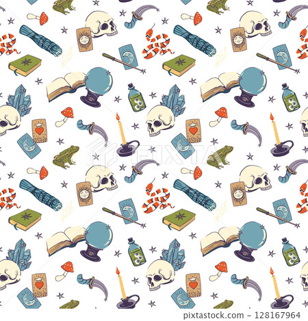 Seamless vector pattern for Halloween. Various items for witchcraft, fortune telling and occultism. Crystal ball, skull, ritual knife, magic wand, tarot cards, snake and grimoire with spells. 128167964