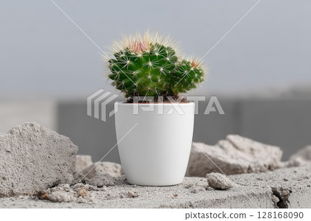 Cactus plant in a white pot placed on a rough surface against a blurred background 128168090