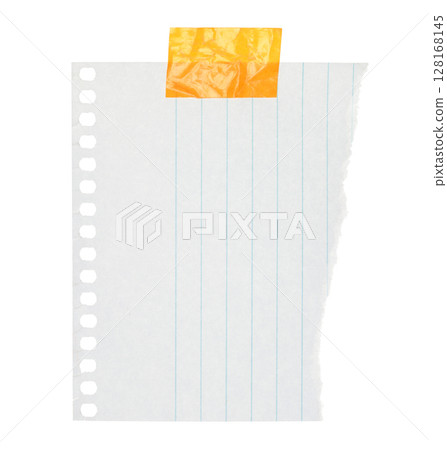 Torn sheet of notepad paper attached by adhesive tape, isolated on transparent background. Office blank paper concept Torn sheet of notepad paper attached by adhesive tape, isolated on transparent background. Office blank paper concept 128168145