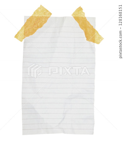 Crumpled sheet of notepad paper attached by adhesive tape, isolated on transparent background. Office blank paper concept 128168151