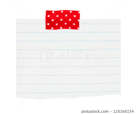Torn sheet of notepad paper attached by adhesive tape, isolated on transparent background. Office blank paper concept 128168154