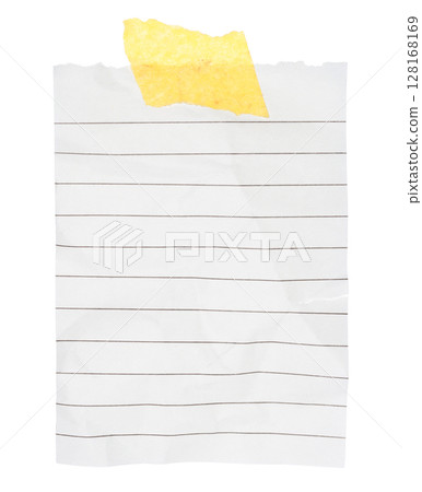 Crumpled sheet of notepad paper attached by adhesive tape, isolated on transparent background. Office blank paper concept Crumpled sheet of notepad paper attached by adhesive tape, isolated on transparent background. Office blank paper concept 128168169