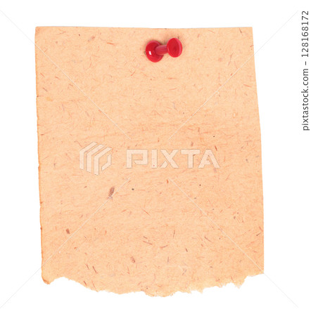 Torn old blank paper pinned by red pin, isolated on transparent background. Vintage blank paper concept 128168172