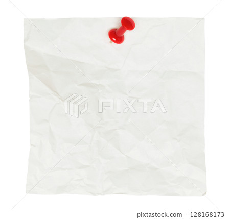 Blank crumpled sheet of paper for notes pinned by red pin, isolated on transparent background. Office blank paper concept 128168173