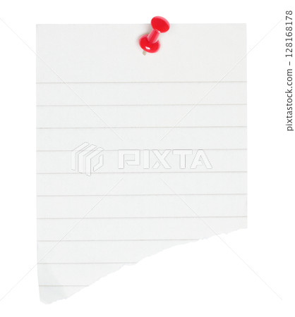 Torn sheet of notepad paper pinned by red pin, isolated on transparent background. Office blank paper concept Torn sheet of notepad paper pinned by red pin, isolated on transparent background. Office blank paper concept 128168178