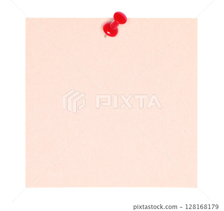 Blank sheet of paper for notes pinned by red pin, isolated on transparent background. Office blank paper concept 128168179