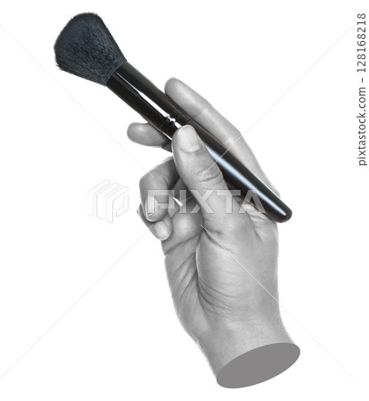 Woman hand holds black cosmetics brush, isolated on transparent background, cosmetics and visage concept. Contemporary art 128168218