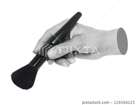 Woman hand holds black cosmetics brush, isolated on transparent background, cosmetics and visage concept. Contemporary art Woman hand holds black cosmetics brush, isolated on transparent background, cosmetics and visage concept. Contemporary art 128168225
