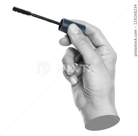 Woman hand holds cosmetic mascara brush, isolated on transparent background, cosmetics and visage concept. Contemporary art Woman hand holds cosmetic mascara brush, isolated on transparent background, cosmetics and visage concept. Contemporary art 128168234