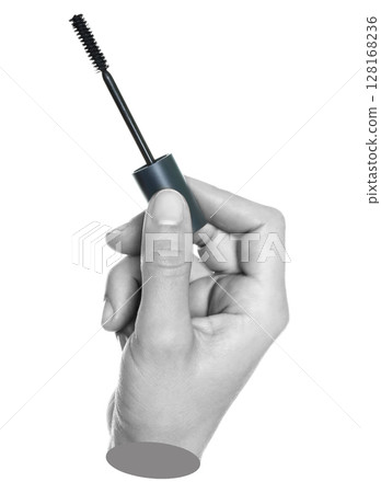 Woman hand holds cosmetic mascara brush, isolated on transparent background, cosmetics and visage concept. Contemporary art Woman hand holds cosmetic mascara brush, isolated on transparent background, cosmetics and visage concept. Contemporary art 128168236