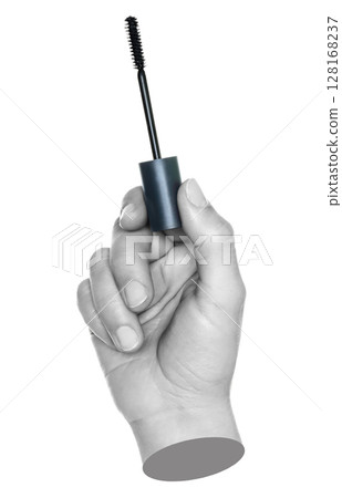 Woman hand holds cosmetic mascara brush, isolated on transparent background, cosmetics and visage concept. Contemporary art Woman hand holds cosmetic mascara brush, isolated on transparent background, cosmetics and visage concept. Contemporary art 128168237