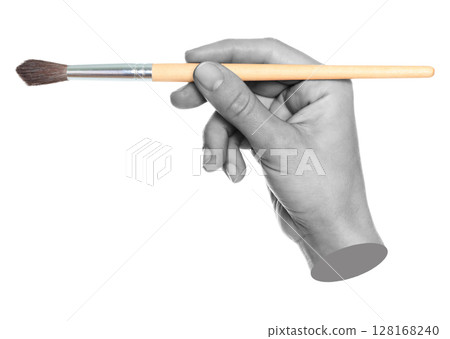 Woman hand holds paint brush, isolated on transparent background, painting and design concept. Contemporary art 128168240