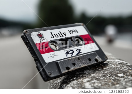 Vintage cassette tape from July 1994 resting on a stone surface near a calm waterway 128168263