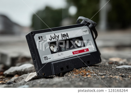 Old cassette tape left on pavement with July 1994 label highlighting vintage media nostalgia Old cassette tape left on pavement with July 1994 label highlighting vintage media nostalgia 128168264