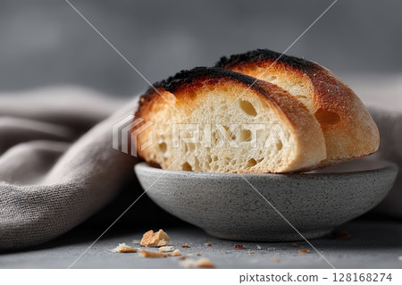 Freshly baked bread served on a rustic plate with a soft linen cloth nearby 128168274