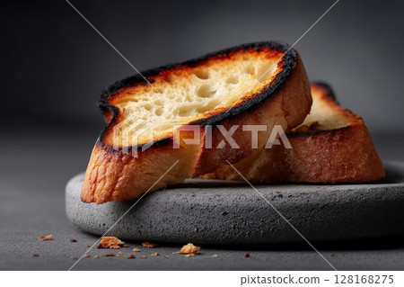 Toasted bread slices sitting on a gray stone plate against a dark background 128168275