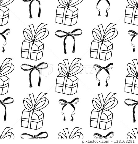 Coquette party crayon seamless pattern. Monochrome gifts endless background. Girly festive black and white repeat cover. Surface pattern birthday or wedding motif. Vector hand drawn illustration 128168291
