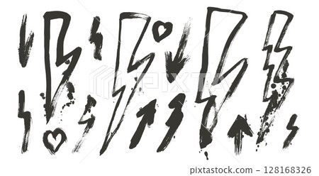 Lightning graffiti drawn set. Spray paint hand drawn thunderbolts, arrows and hearts elements isolated on white background. Grunge brush textured shapes. Urban street doodles. Vector illustration Lightning graffiti drawn set. Spray paint hand drawn thunderbolts, arrows and hearts elements isolated on white background. Grunge brush textured shapes. Urban street doodles. Vector illustration 128168326
