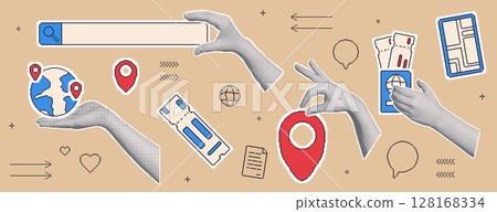 Travel collage with halftone hand with pixel art tourism elements. Human arms palm holding location map pin, globe, tickets. Vector journey collection illustration isolated Travel collage with halftone hand with pixel art tourism elements. Human arms palm holding location map pin, globe, tickets. Vector journey collection illustration isolated 128168334