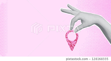Travel collage with halftone hand with location map pin element. Human arm palm holding map pin. Vector tourism bitmap scrapbook and mixed media banner template illustration Travel collage with halftone hand with location map pin element. Human arm palm holding map pin. Vector tourism bitmap scrapbook and mixed media banner template illustration 128168335