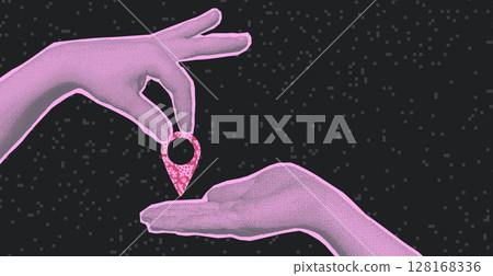 Travel collage with halftone hands holding location map pin element. Human arm palm gives destination symbol. Vector tourism bitmap scrapbook and mixed media banner template illustration Travel collage with halftone hands holding location map pin element. Human arm palm gives destination symbol. Vector tourism bitmap scrapbook and mixed media banner template illustration 128168336