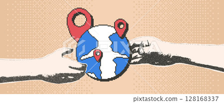 Travel collage with photocopy hand and pixel art tourism elements. Human arms palm holding globe and location map pin. Vector flight journey bitmap scrapbook and 8bit mixed media illustration 128168337