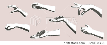 Photocopy effect female hands with holding gesture collage set. Cutout opened arms palm for mixed media design. Pieces of retro newspaper or magazine elements. Vector retro illustration Photocopy effect female hands with holding gesture collage set. Cutout opened arms palm for mixed media design. Pieces of retro newspaper or magazine elements. Vector retro illustration 128168338