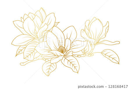 Golden magnolia flowers line art isolated on white background. Luxury magnolia floral design elements for invitation, wedding, wallpaper, print template, vector illustration 128168417