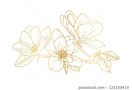 Golden magnolia flowers line art isolated on white background. Luxury magnolia floral design elements for invitation, wedding, wallpaper, print template, vector illustration 128168419