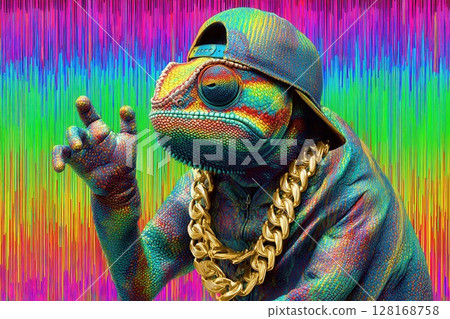Colorful chameleon embracing rapper style with gold chain 128168758