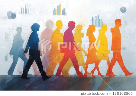 Business people walking forward as puzzle pieces and charts depict growth and collaboration 128168865
