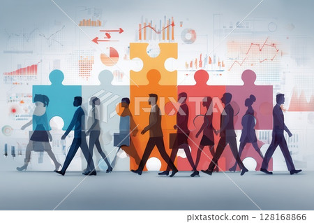 Business people walking and connecting puzzle pieces representing teamwork and collaboration 128168866