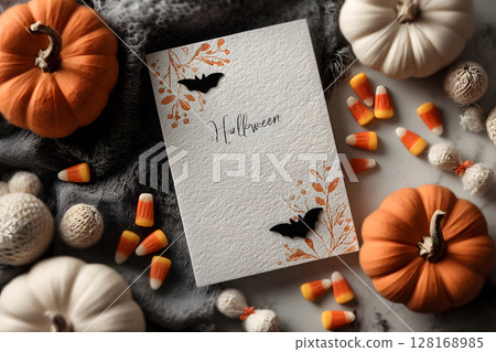 Halloween mockup with a blank greeting card, pumpkins, bats, and candy on white background. Perfect for holiday messages and graphic design. 128168985