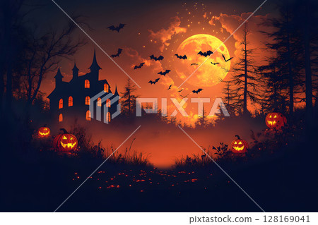 Spooky Halloween poster with haunted house, bats, and pumpkin lanterns in orange-black color tone. Perfect for ready-to-use party invitations, ads, or social posts. 128169041