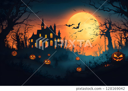 Spooky Halloween poster with haunted house, bats, and pumpkin lanterns in orange-black color tone. Perfect for ready-to-use party invitations, ads, or social posts. 128169042