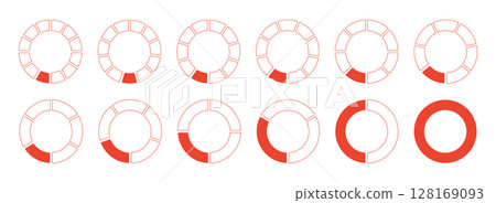 Circles divided diagrams 1, 2, 3, 10, 7, 8, 9, 10, 11, 12 equal parts. Graph pie, pizza shape section charts icons. Coaching blank flat template. Set of red segments wheel round divide infographic. 128169093