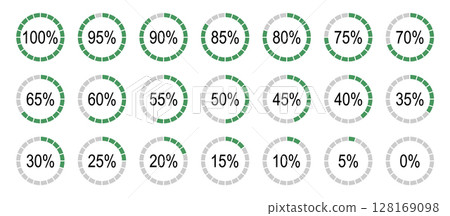Percentage infographics flat elements. Round diagrams icons for infographics from 0 to 100 percent. Circle graph loading progress templates. Green, grey color fill divided pie charts indicators. 128169098